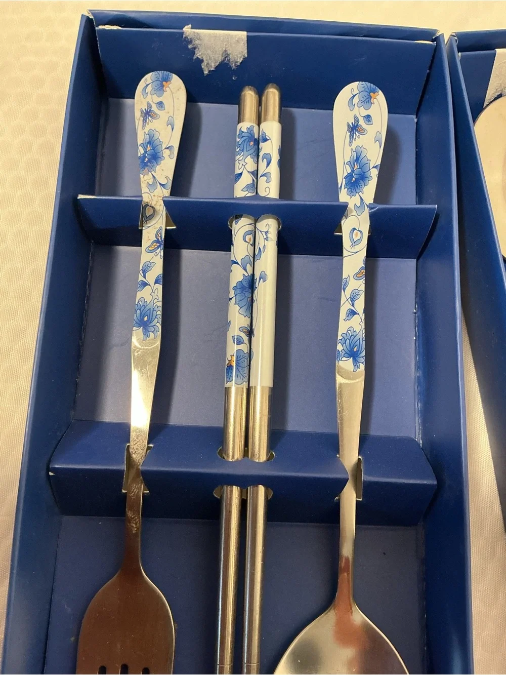 Blue Floral Stainless Steel Flatware Set with Chopsticks - Floral Handle